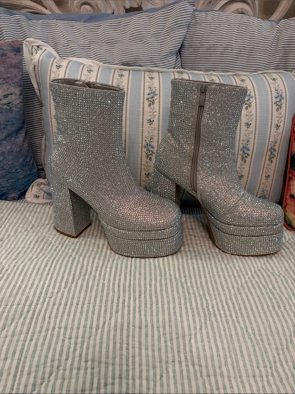 Women's Silver multi color rhinestone Platform Ankle Boots with Block heel